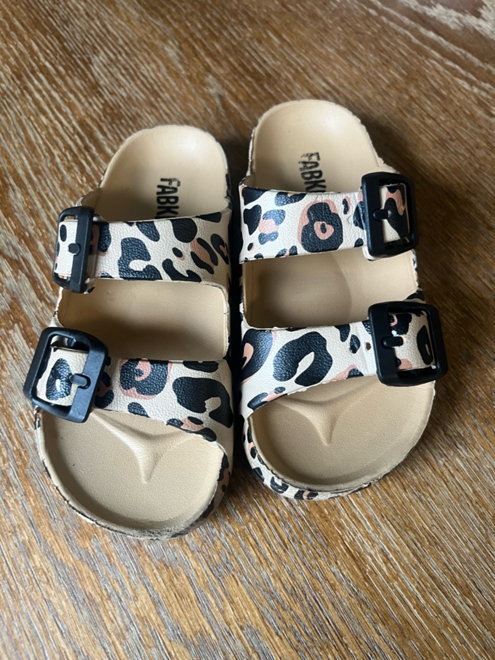 fabkids Leopard Print Double-Strap Sandals in Beige, Black & Pink